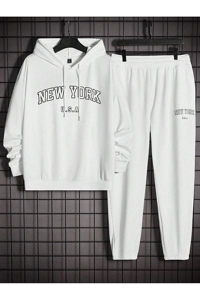 VBSVİBES New York U.S.A Tracksuit Set Sweatshirt Jogger - White Printed Oversize Drawstring Hoodie