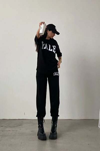 CLAYES Yale Printed Black T-Shirt Black Bottom Top Tracksuit Set Oversize Crew Neck