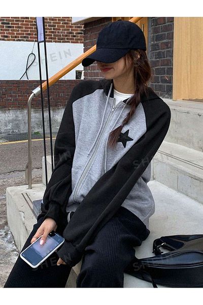 DUBU BUTİK Cardigan supradimensionat cu mâneci raglan, gri și negru, cu imprimeu cu stele