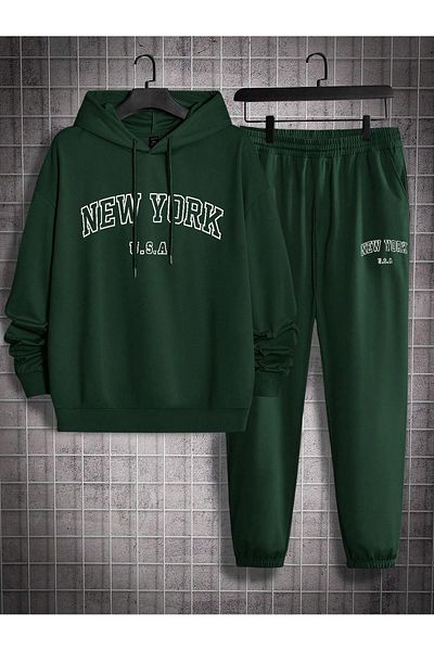 VBSVİBES New York U.S.A Tracksuit Set Sweatshirt Jogger - هوديي مضلع كبير الحجم مطبوع باللون الأخضر