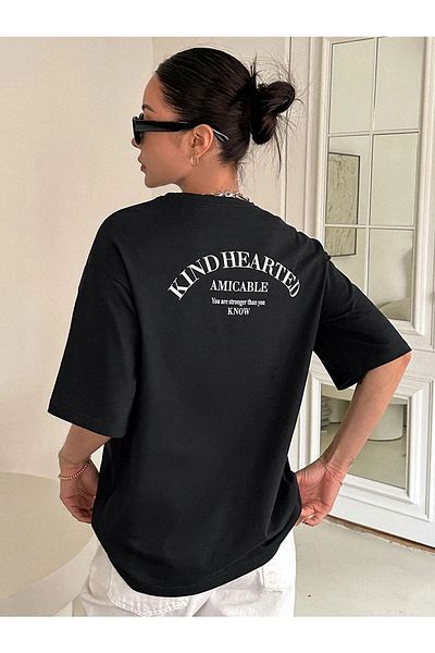 CLAYES Μπλουζάκι Kind Hearted - Μαύρο εμπριμέ Oversize Crew Neck με κοντό μανίκι