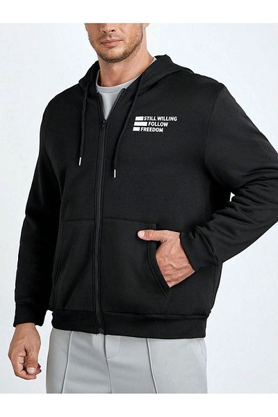 VBSVİBES Follow Freedom Cardigan cu fermoar - Hanorac negru oversize imprimat