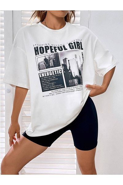 CLAYES Tricou alb oversize pentru fată speranta cu ochelari - decolteu, mânecă scurtă