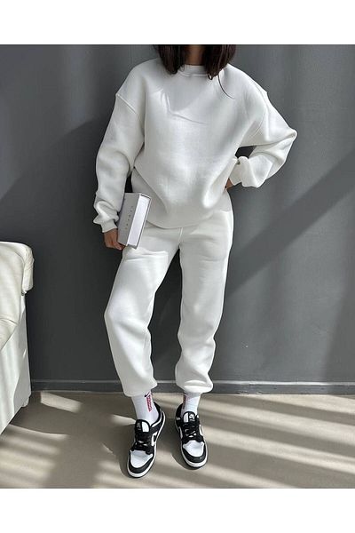 CLAYES Unprinted Sweatpants Set Sweatshirt Jogger - White Oversize Raised Crew Neck
