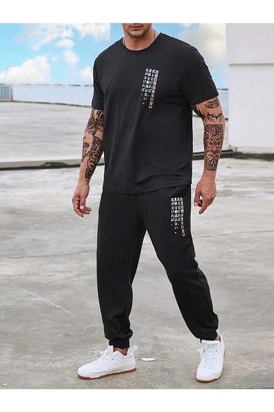 CLAYES Κινεζικό T-shirt Sweatpants Jogger- Μαύρο εμπριμέ στο κάτω μέρος Sweat Suit Oversize Crew Neck