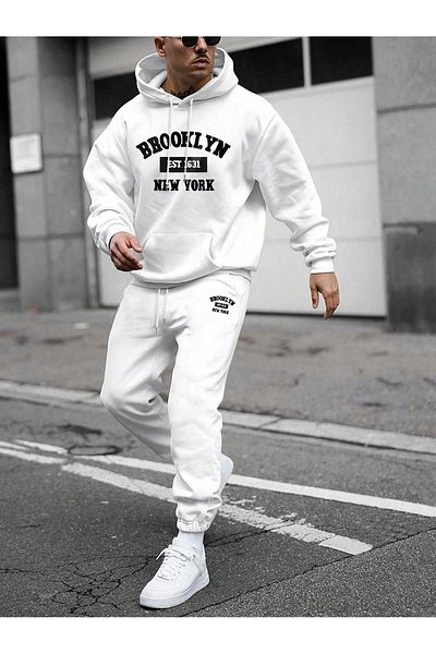 VBSVİBES طقم بدلة رياضية Brooklyn 1631 Sweatshirt Jogger - هوديي بشريط كبير الحجم مطبوع باللون الأبيض