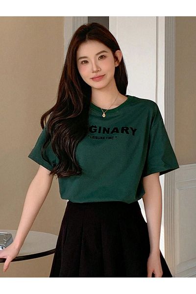 DUBU BUTİK Nefti Green Oversize Maginary Single Jersey T-Shirt - Crew Neck, Short Sleeve