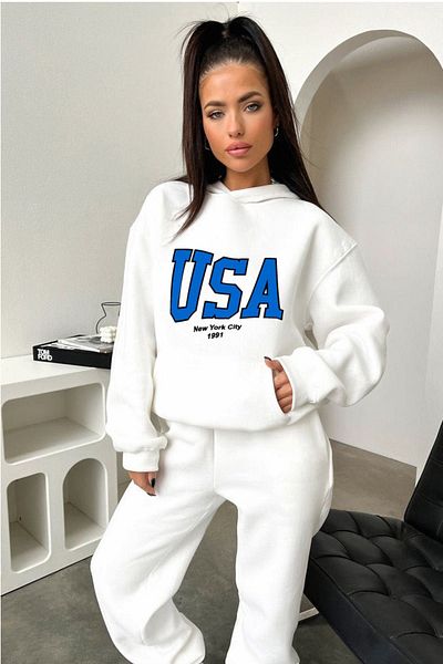 CLAYES Σετ αθλητικής φόρμας Φούτερ Jogger - White printed Oversize Hoodie
