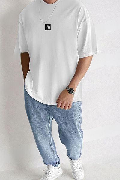 CLAYES Tricou cu imprimeu alb oversize Free Life - Tricou cu mânecă scurtă cu decolteu și confortabil