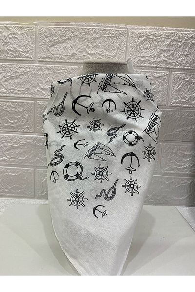 sema aksesuar Unisex Marine Patterned Anchor Helm Ship Themed White Scarf