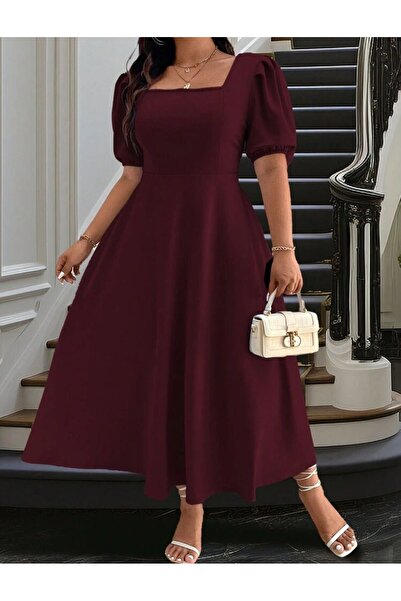 Styling Park Balon Kol Kare Yaka Kısa Kollu Midi Boy Elbise