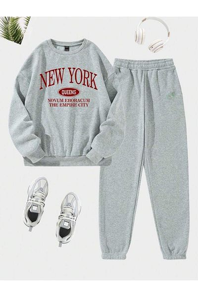 CLAYES New York Queens Tracksuit Set Sweatshirt Jogger - Gray Printed Oversize Raised Crew Neck