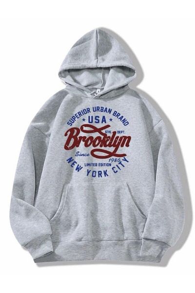 VBSVİBES Hanorac unisex oversize, gri cu glugă, cu imprimeu Brooklyn.