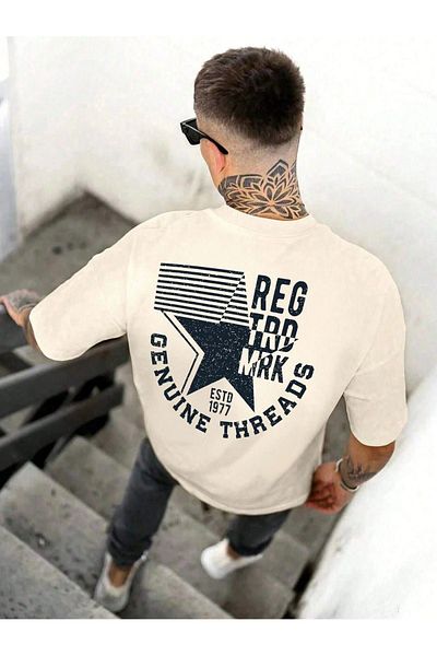 DUBU BUTİK Genuine Threads Oversize Beige Printed T-shirt - Crew Neck Short Sleeve Comfortable Fit T-Shirt