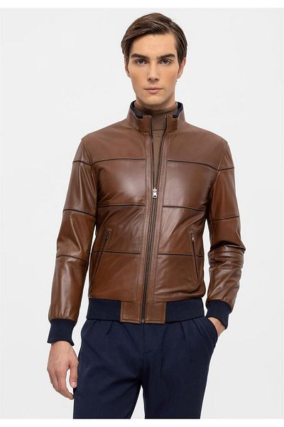 Deriderim Tan Martin Double Sided Brown Fabric Zippered Collar Sleeve and Waist Knitwear Men's Genuine Leather Coat