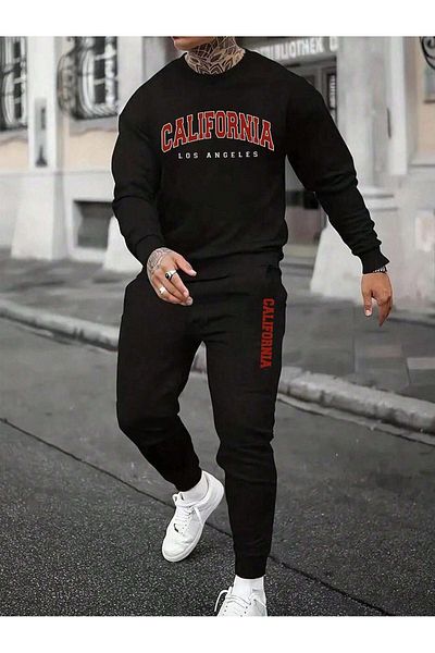 VBSVİBES California Los Tracksuit Set Sweatshirt Jogger - Black Printed Oversize Ribbed Crew Neck