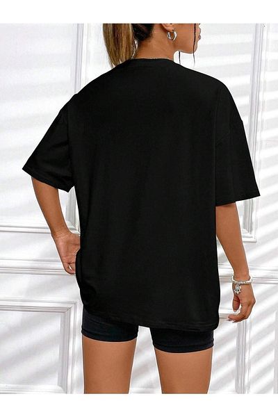 CLAYES Malibu Heart Patterned Black Oversize T-Shirt - Crew Neck