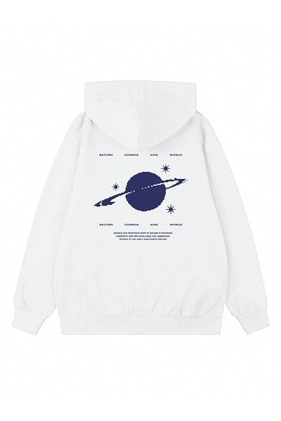 CLAYES Saturn Cosmos 100% Cotton Sweatshirt - White Printed Oversize Winter with Fleece Inside Hood