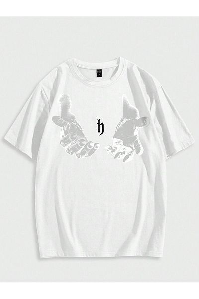CLAYES Tricou cu imprimeu alb supradimensionat pentru bărbați cu imprimeu manual - Tricou cu mânecă scurtă cu decolteu rotund