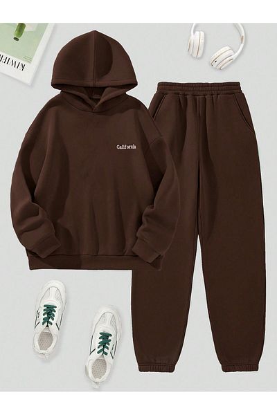 CLAYES Σετ αθλητικής φόρμας California Minimal Text Φούτερ Jogger - Καφέ εμπριμέ υπερμεγέθη ροζ κουκούλα
