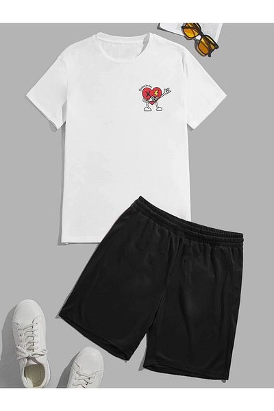 CLAYES Tricou cu logo-ul inimii - Alb Negru Partea de sus Pantaloni scurți pentru echipă Tricou cu imprimeu combinat cu gâtul turn