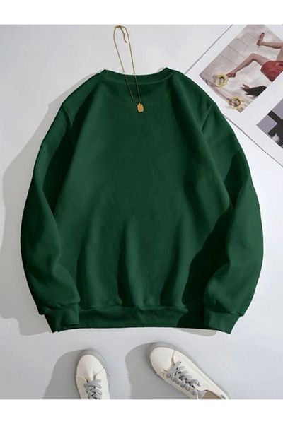 DUBU BUTİK Φούτερ Spiritual Line Figure - Nefti Green Printed Oversize Χοντρό χειμερινό λαιμόκοψη