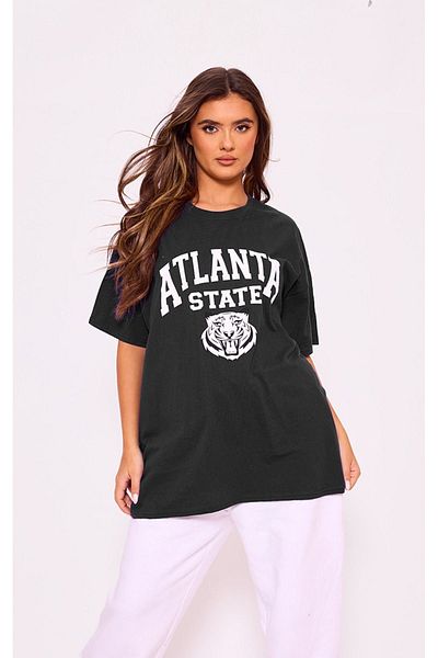 DUBU BUTİK T-Shirt - Μαύρο εμπριμέ κοντομάνικο μπλουζάκι με λαιμόκοψη