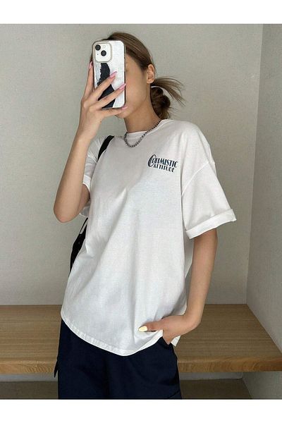 CLAYES Tricou Optimistic Attitude - Tricou cu mânecă scurtă oversize cu mânecă scurtă cu imprimeu alb