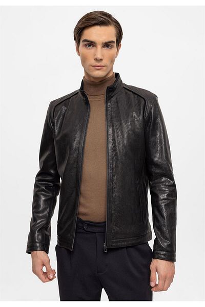 Deriderim Black Bruno Zippered Lined Collar Knitted Men's Genuine Leather Coat