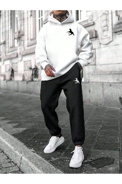 DUBU BUTİK Λευκό και μαύρο σετ αθλητικής φόρμας Oversize με στάμπα - Φούτερ με κουκούλα και Jogger