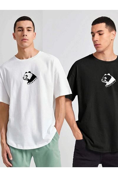 VBSVİBES Pack of 2 Black and White - Unisex Oversize Collar Minimal Bear Printed Knitted T-shirt