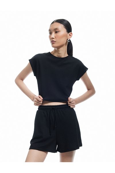 Koton Textured Cap Sleeve Crew Neck Crop T-Shirt