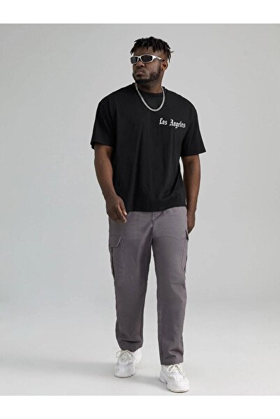 VBSVİBES تي شيرت محبوك مطبوع عليه لوس أنجلوس مقاس كبير باللون الأسود للرجال