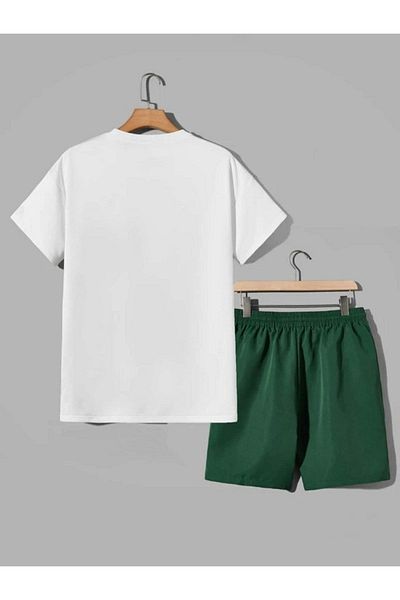 DUBU BUTİK Brooklyn New York 1898 Printed White T-shirt and Nefti Green Oversize Unisex Shorts Set