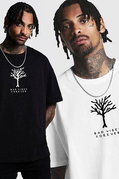 VBSVİBES Pack of 2 Black and White - Unisex Oversize Collar Bad Vibes Printed Knitted T-shirt