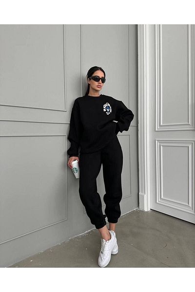 CLAYES Val Mountain Logo Tracksuit Set Sweatshirt Jogger - Black Printed Oversize Raised Crew Neck
