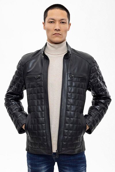 Deriderim Alfredo Black Zippered Quilted Stitched Lined Men's Genuine Leather Coat