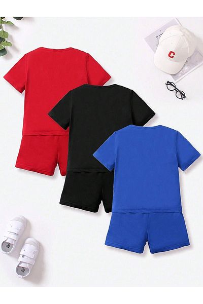 DUBU BUTİK Smiling Face Cotton 3-Piece Children's Set T-Shirt Shorts- Red Black Blue Print Children's Summer Crew Neck