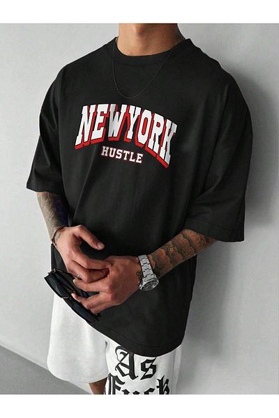 DUBU BUTİK New York Hustle Single Jersey T-Shirt - Black Printed Oversize Crew Neck Short Sleeve T-Shirt