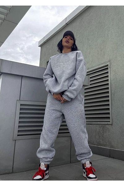 CLAYES Γκρι Oversize Sweatshirt Jogger - Crew Neck Tracksuit Σετ