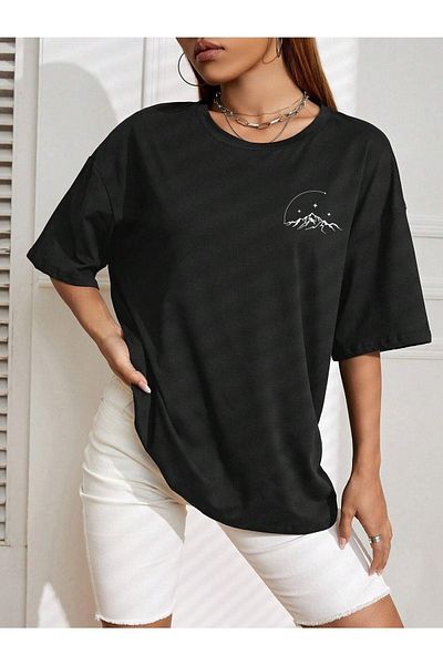 CLAYES Μαύρο μπλουζάκι με στάμπα Moon Start - Crew Neck, κοντό μανίκι