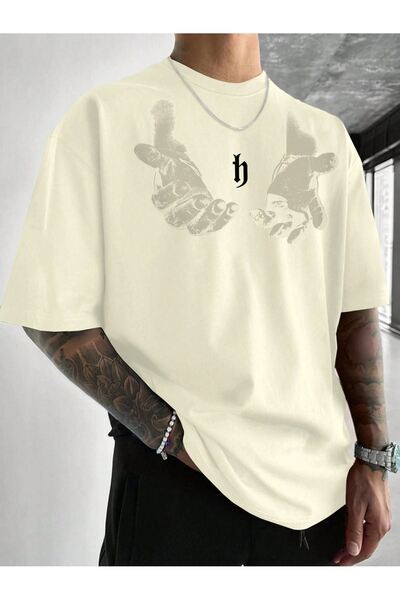 DUBU BUTİK Férfi kéznyomat túlméretezett bézs nyomott póló - Crew nyakú, rövid ujjú, kényelmes szabású póló