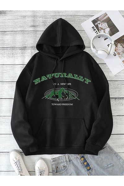 CLAYES Φούτερ Naturally Mountain - Μαύρη στάμπα Oversize Hooded