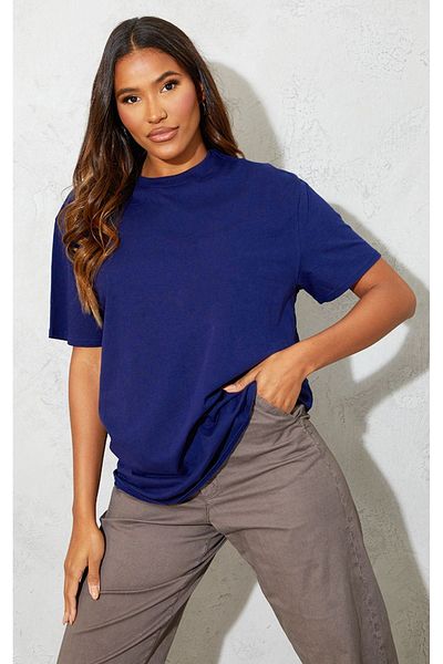DUBU BUTİK Plain Single Jersey T-Shirt - Navy Blue Oversize Crew Neck Short Sleeve T-Shirt