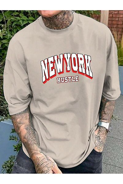 CLAYES Μπλουζάκι Newyork Hustle Single Jersey - Μπεζ εμπριμέ κοντομάνικο μπλουζάκι με λαιμόκοψη