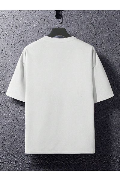 DUBU BUTİK New York Hustle Single Jersey T-Shirt - White Printed Oversize Crew Neck Short Sleeve T-Shirt