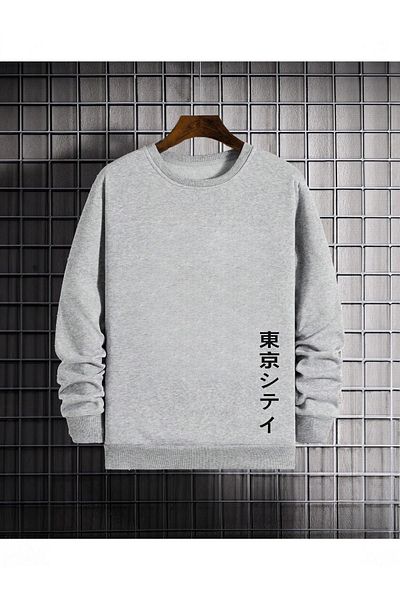 VİBES Unisex Gray Japanese Printed Oversize Sweatshirt