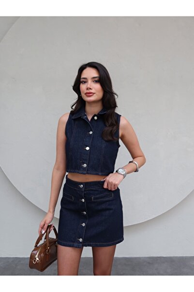 ESRAHELVACI Front Buttoned Denim Vest Skirt Set