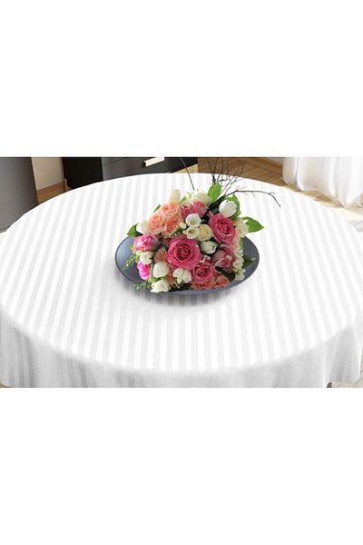 Kotonia Home Fata De Masa Hotel Rotunda, Diametru 150 Cm, Damasc, 100% Bumbac, Dungi 1 Cm, Alb
