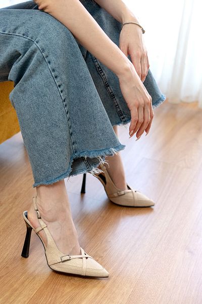 DİVOLYA Țesătură din denim bej Lorea (10 cm înălțime toc) pantofi cu toc cu vârf ascuțit
